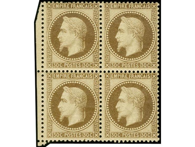1867, Laureated 30 c. brown, block of 4 with small part of sheet margin at left, unmounted mint with fresh original gum; 2 sh