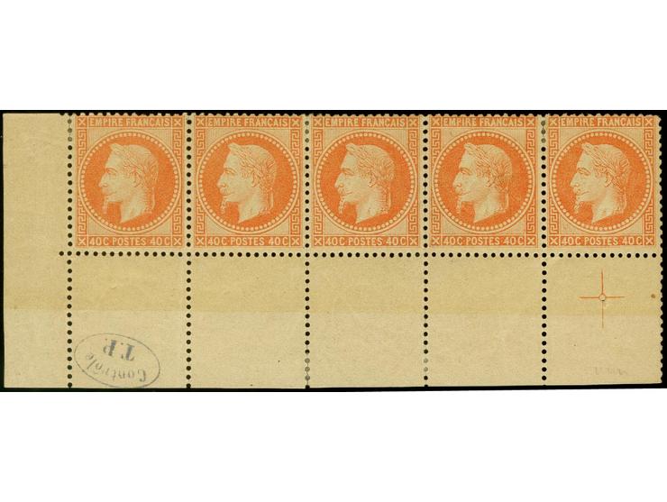1862, Napoleon Lauré 40c. orange as strip of five from the lower left sheet corner showing cachet "Contrôle T.P." at bottom, 