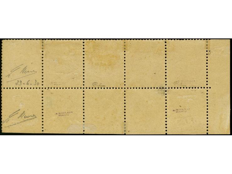 1862, Napoleon Lauré 40c. orange as strip of five from the lower left sheet corner showing cachet "Contrôle T.P." at bottom, 