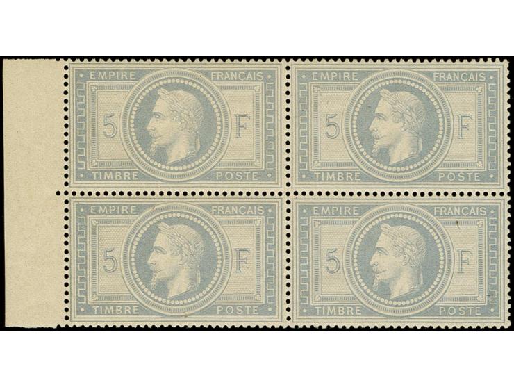 1869, Napoléon 5 fr. grey, block of 4 with sheet margin at left, nice fresh colour and well perforated, unmounted mint with f