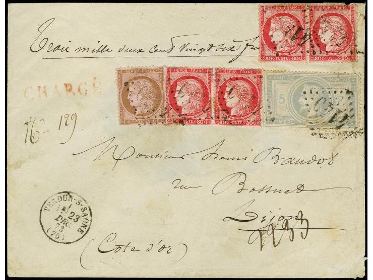 5 fr. grey, two horizontal pairs Ceres 80 c. rose and 10 c. brown on rose, tied by GC "4140" to registered and insured cover 
