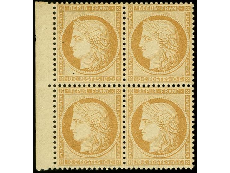 1870, Siege 10c. yellow-brown as block of four with left sheet margin, very fresh colour and good centering and perforation, 