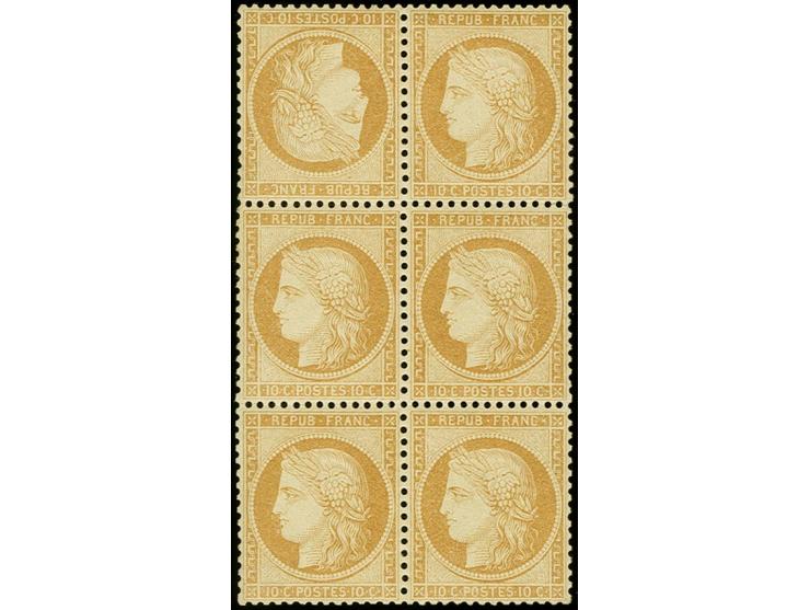 1870, Siege 10c. yellow-brown as block of six, upper pair as tête-bêche, very fresh colour and good centering and perforation