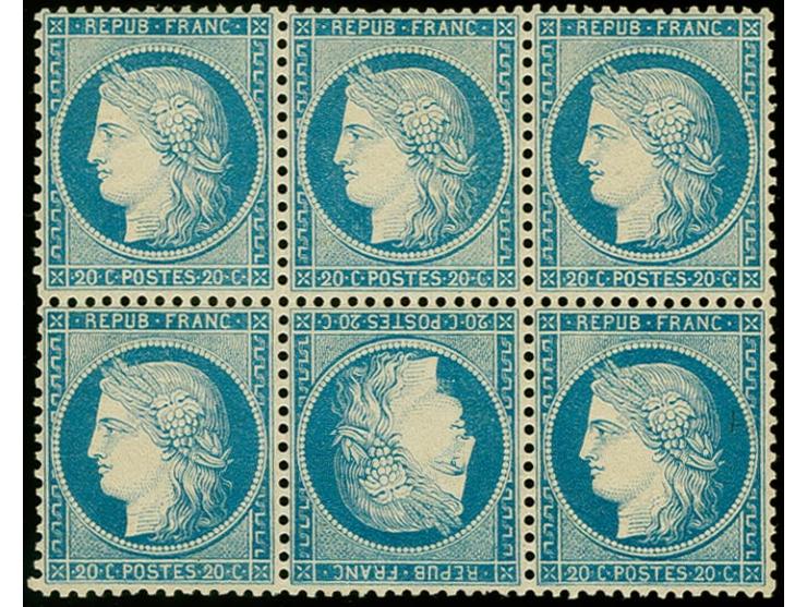1870, Siege 20c. as block of six, lower strip of three showing central tête-bêche, very fresh colour and good centering and p