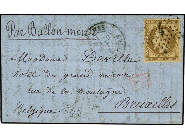 Ballon monté: LE GARIBALDI: Entire letter with Napoléon Laurier 30 c. brown, tied by star cancel with number "4" with adjacen