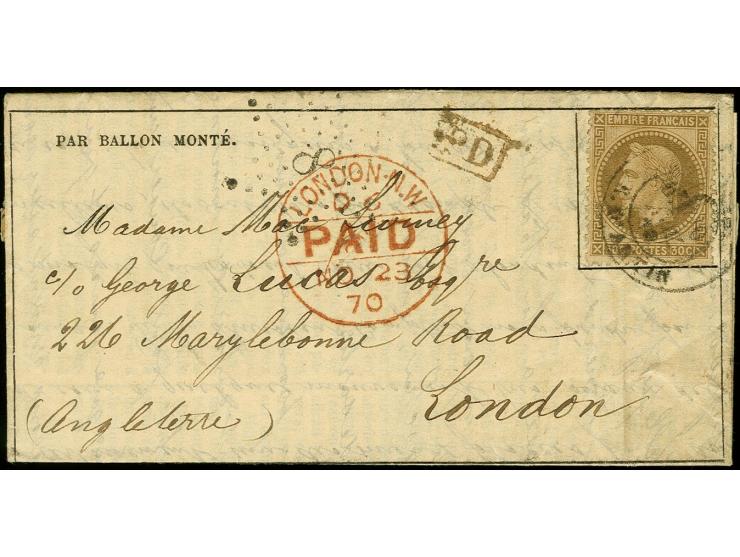 L'ARCHIMEDE: Gazette des Absents franked with Napoléon lauré 30 c., tied by cds. of 20 Nov. 70 with adjacent star cancel "8" 
