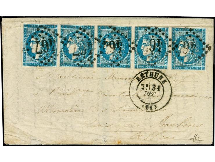 Boule de Moulins: Bordeaux 20 c. blue, horizontal strip of 5, small to good margins, tied by GC "467" to folded letter from "