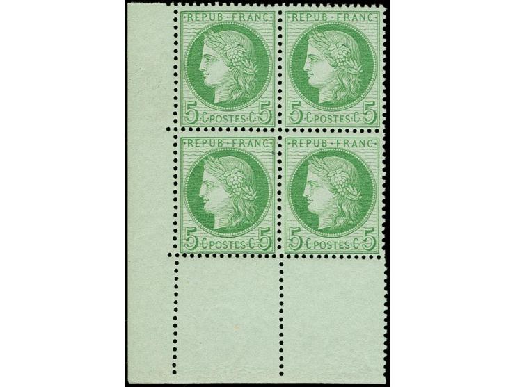 1871, Ceres 5c. yellowish-green as block of four from the lower left sheet corner, fresh colour, mint never hinged, the lower