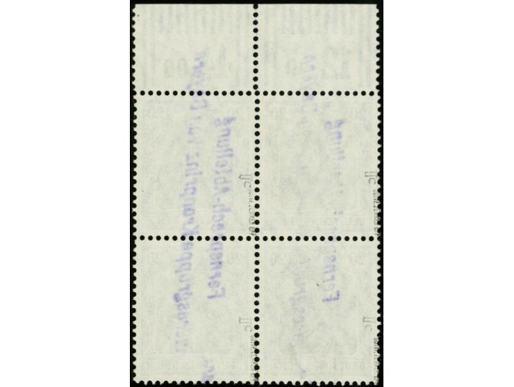 20 Pfg. kobalt im Viererblock, Walzendruck-Oberrand mit der Konfiguration "2'9'2", entwertet mit zwei klaren, violetten L2-St