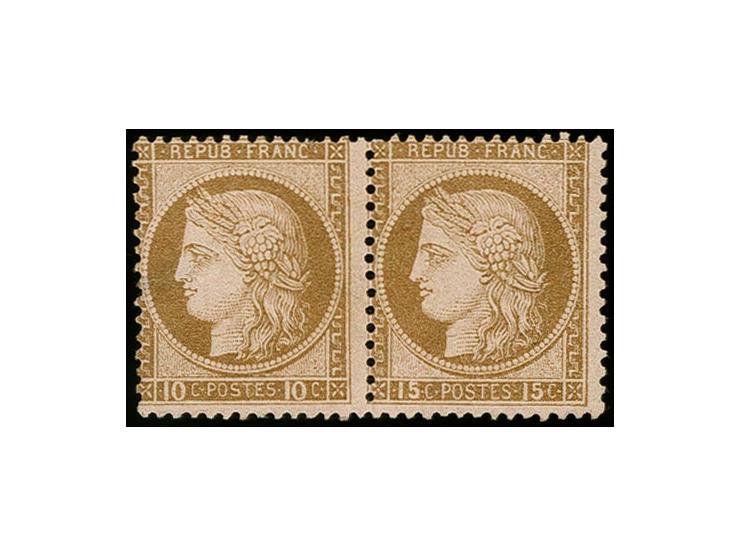 1872/75, Ceres with large numerals: Error of colour 15 c. brown on rose in horizontal pair with normal stamp, unused without 