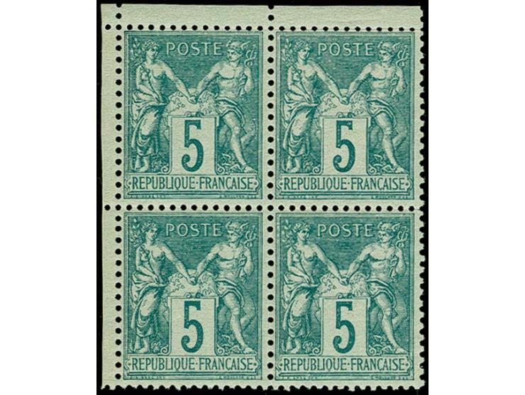1876, Sage 5c. green, type I, block of four from the upper left sheet margin, mint never hinged, a fine and scarce multiple, 