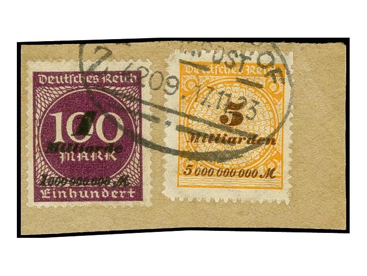 1 Mrd. auf 100 Mio. violettpurpur, sogenanntes 'Hitler-Provisorium" mit Zufrankatur sauber mit Bahnpoststempel auf Briefstück