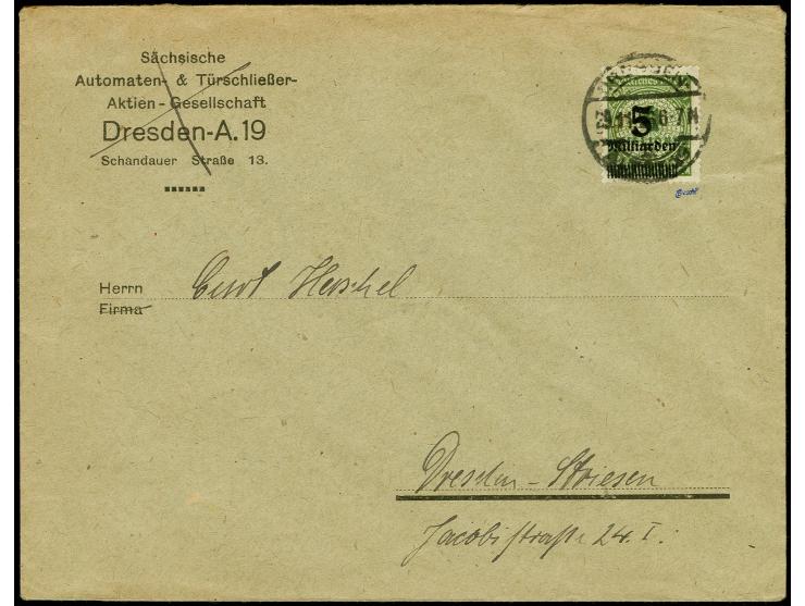 5 Mrd. auf 4 Mio. grün (OPD Erfurt) mit Stempel "DRESDEN-ALTDST. 29.11.23" als portogerechte Einzelfrankatur auf Ortsbrief na