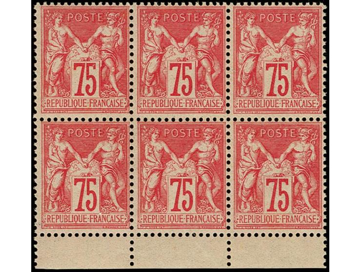 1876, Sage 75c. carmine-rose as block of six from the bottom sheet margin, mint never hinged resp. one stamp at bottom lightl