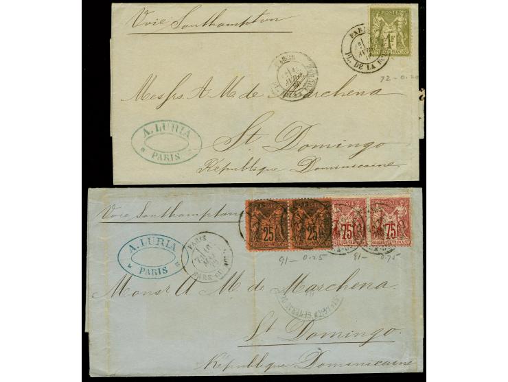 1876, Sage 1fr. resp. horizontal pair of 25 and 75c. each on cover from Paris via Southampton to St. Domingo, Dominican Repub