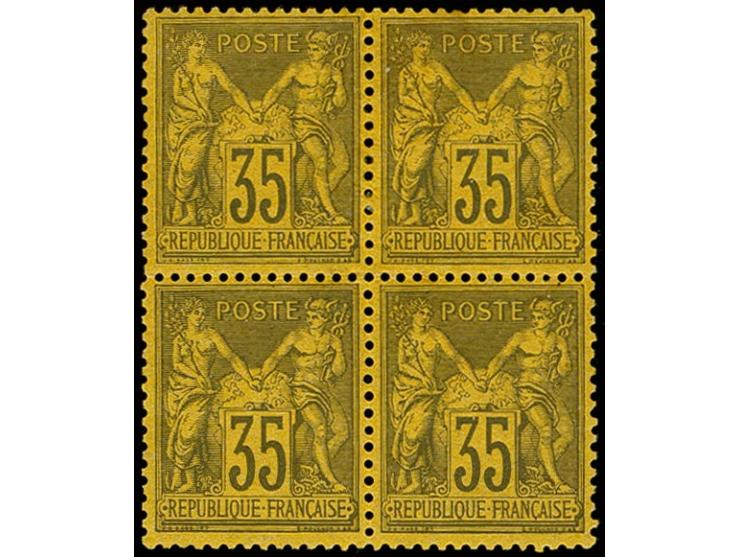 1877, Sage 35c., block of four, fresh colour, three stamps unused, one mint never hinged, fine, signed Calves