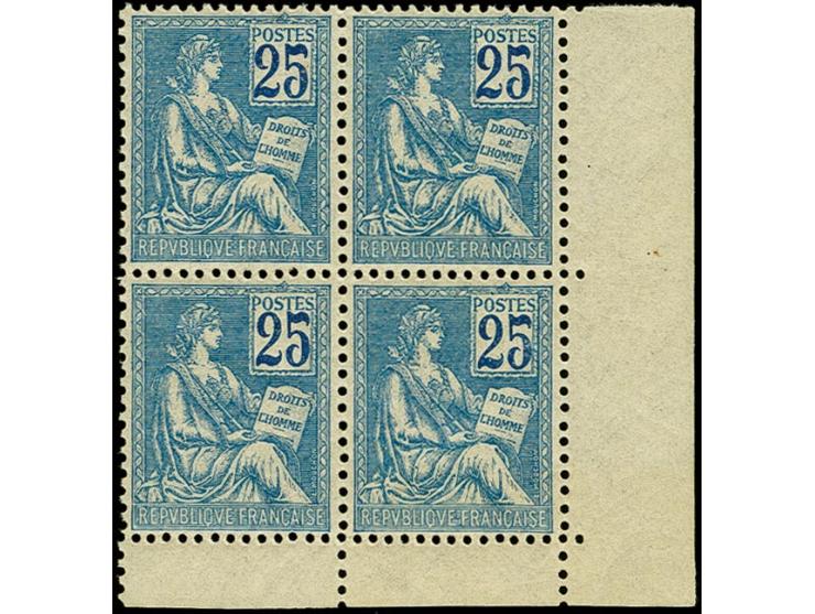 1900, Mouchon 25c. blue as block of four from the lower right sheet corner, mint never hinged, very fine