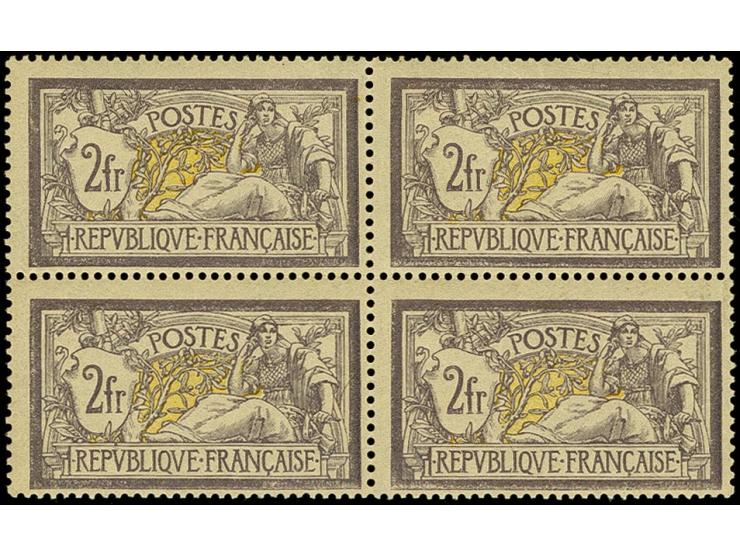 1900, Merson 2fr. violet/yellow as block of four, fresh colour and full original gum with slight traces of hinge at center, a