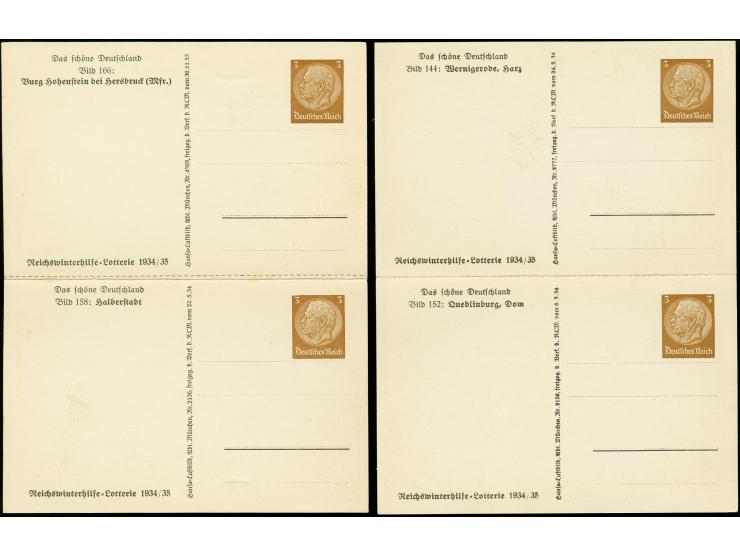 Hindenburg 3 Pfg. auf Sonderkarten Reichswinterhilfe-Lotterie, zwei senkrechte Paare mit den Bildern 144, 152, 158 und 166, u