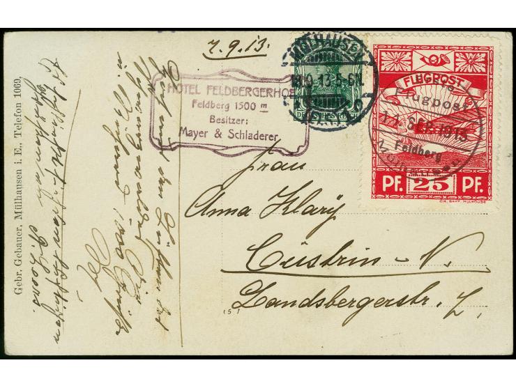 1913, Flug Mühlhausen-Feldberg, 25 Pfg. rot mit Stempel "Erste Flugpost 11. SEP 1913 Feldberg Mühlhausen" mit Zufrankatur Ger