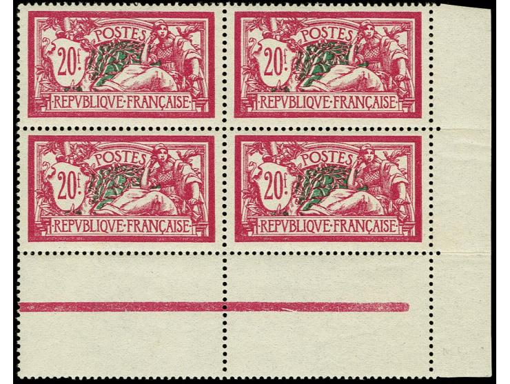 1925, Merson 20fr. lilac-green as block of four with right sheet margin and gutters at bottom, lower right stamp unused, the 