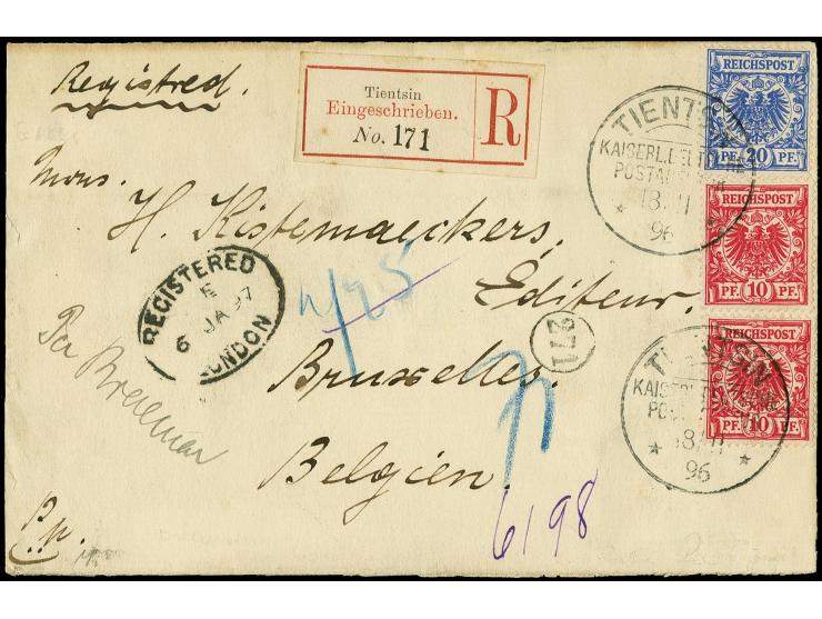 20 Pfg. violettultramarin und zwei Einzelwerte 10 Pfg. lebhaftlilarot mit Stempel "TIENTSIN KDPAg 18.11.96" als portogerechte