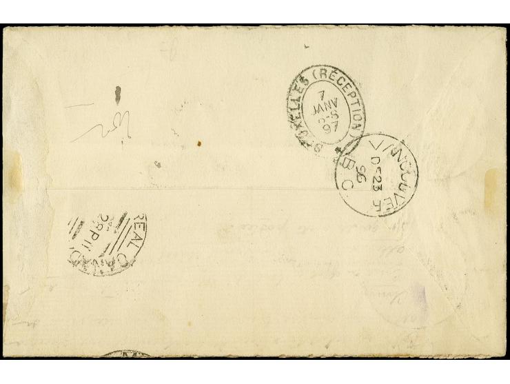 20 Pfg. violettultramarin und zwei Einzelwerte 10 Pfg. lebhaftlilarot mit Stempel "TIENTSIN KDPAg 18.11.96" als portogerechte