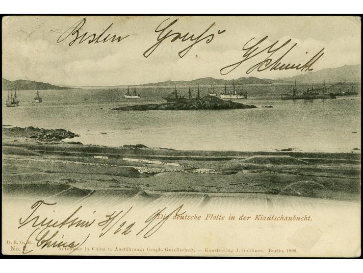 1898, Krone/Adler 25 Pfg. gelblichorange und 5 Pfg. mit diagonalem Aufdruck je mit Stempel "TIENTSIN 4.1.99" auf R-Karte mit 