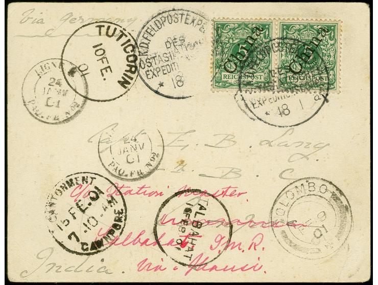 5 Pfg. im waagerechten Paar mit Stempel "K.D.FELDPOSTEXPED DES OSTASIATISCHEN EXPEDITONSCORPS 18.1." als portogerechte Mehrfa