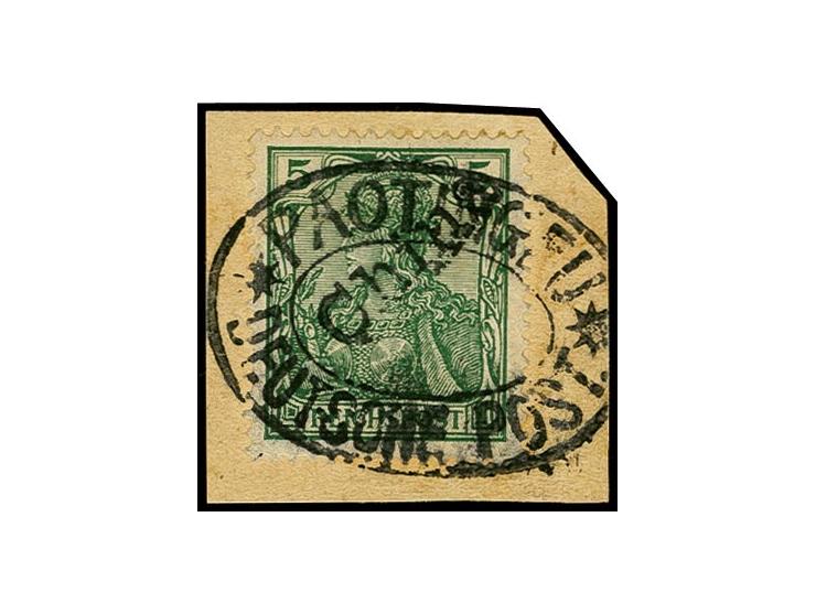 5 Pfg., farbfrisch und gut gezähnt mit Feldpost-Stempel "PAOTINGFU DEUTSCHE POST" auf Briefstück, etwas Patina, sonst tadello