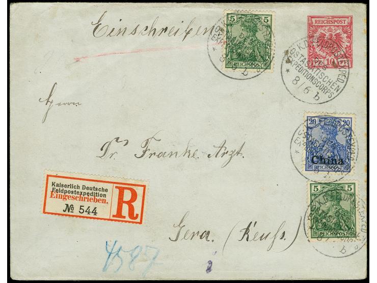 Reichspost 5 Pfg., zwei Einzelwerte und Aufdruckausgabe 20 Pfg. als portogerechte Zufrankatur auf Krone/Adler Ganzsachen-Umsc