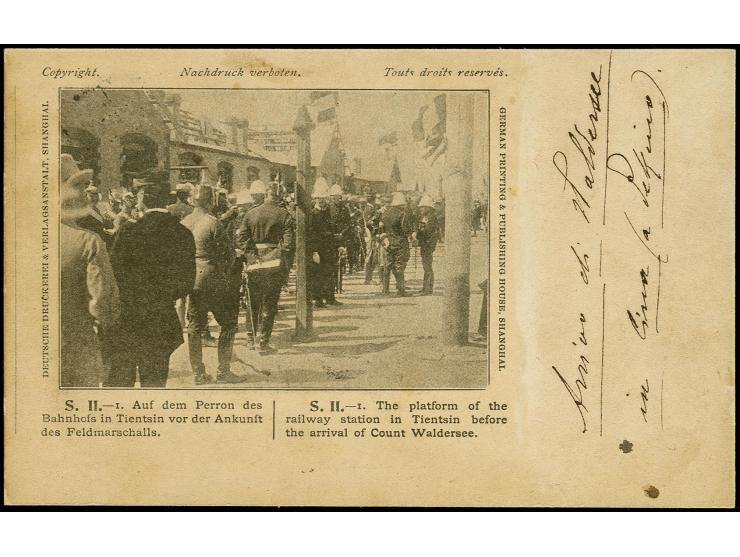 10 Pfg. mit Stempel "PEKING DP 12.03.01" als portogerechte Einzelfrankatur auf Ansichtskarte "Ankunft Feldmarschall Waldersee