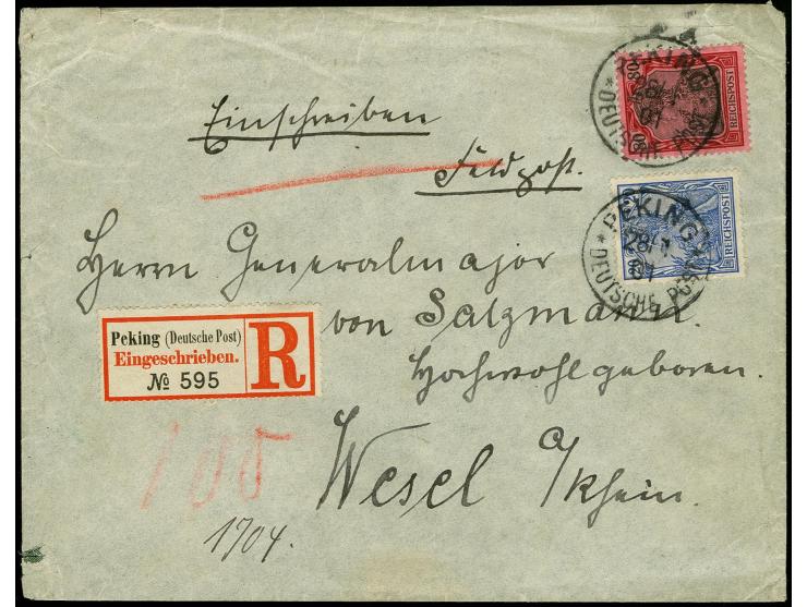 80 Pfg. und 20 Pfg. als portogerechte Frankatur auf R-Brief von "PEKING 18/1 01" nach Wesel mit Ankunftsstempel; transportbed