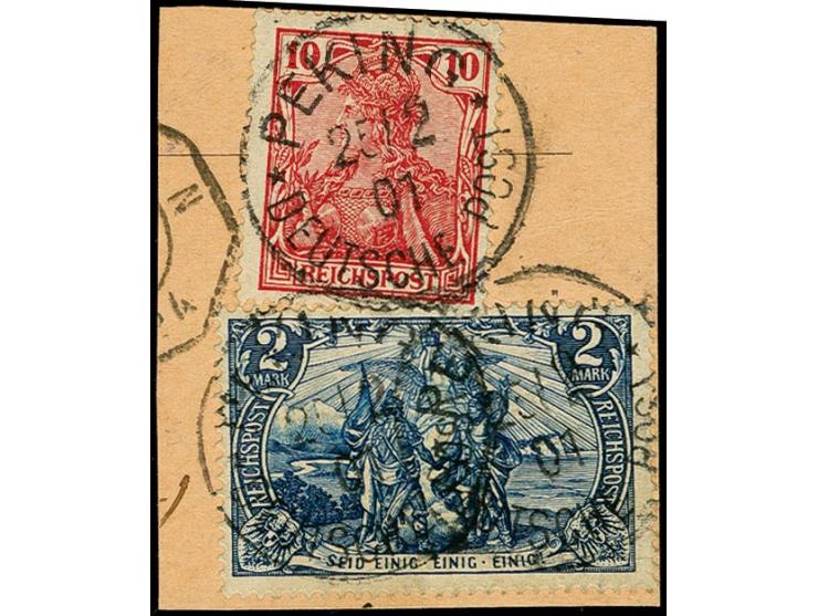 2 M., Type II und 10 Pfg. je mit Stempel "PEKING DP 25.2.01" auf Postanweisungs-Briefstück, winzige Randklebung ohne Einschrä