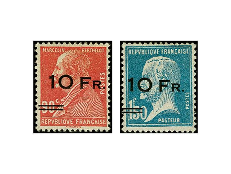 1928, Ile de France air mail 10 fr. on  90 c. and 10 fr. on 1,50 fr., both pos. 28 of the sheet, unused with original gum, ve