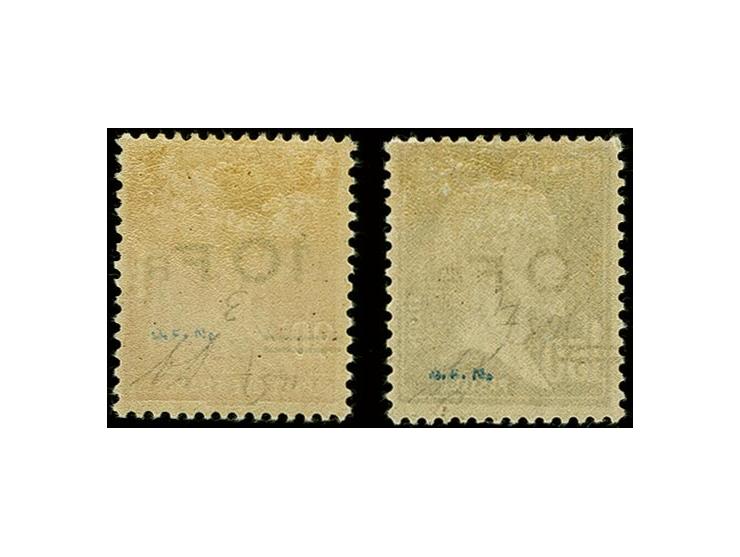1928, Ile de France air mail 10 fr. on  90 c. and 10 fr. on 1,50 fr., both pos. 28 of the sheet, unused with original gum, ve