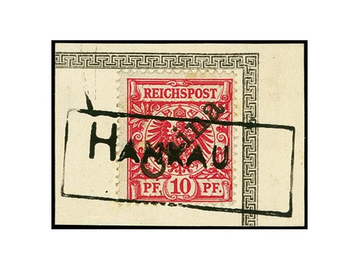 "HANKAU", Rahmenstempel ohne Datum, klar und komplett auf Krone/Adler 10 Pfg. mit diagonalem Aufdruck auf Briefstück, Kabinet