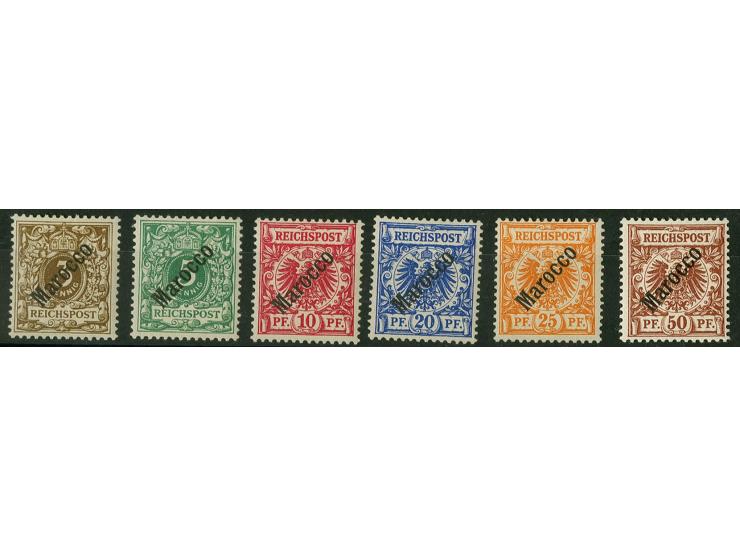 3-50 Pfg. mit Aufdruck "Marocco" kpl., ungebraucht, Kabinett