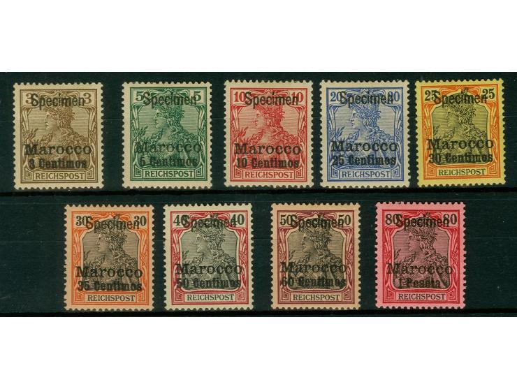 3 C. auf 3 Pfg. bis 1 P. auf 80 Pfg., 9 verschiedene Werte, je mit Aufdruck "Specimen", ungebraucht, Pracht (Mi. 1.620,-)
