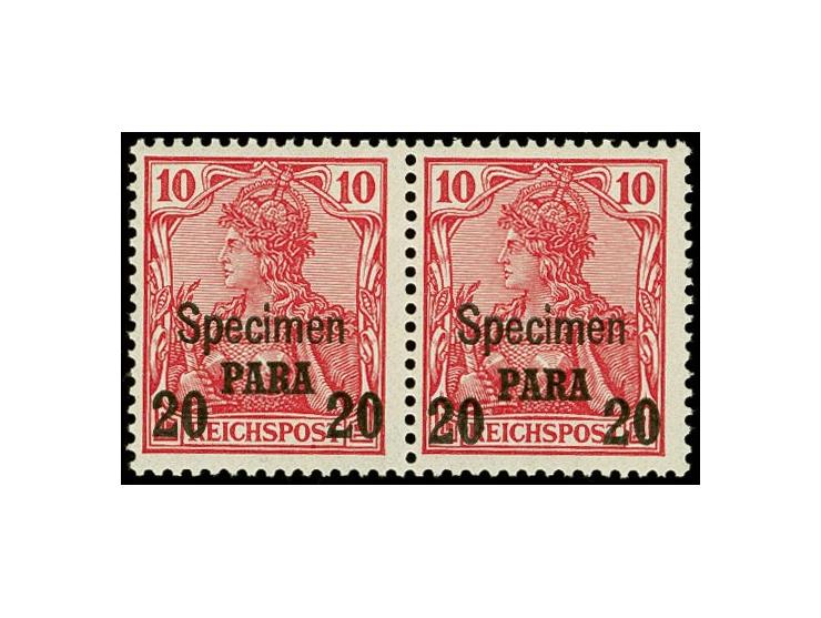 Aufdrucktype II: 1904, 20 Pa. auf 10 Pfg. mit zusätzlichem Aufdruck "Specimen" im waagerechten Paar mit Aufdruckfehler "waage