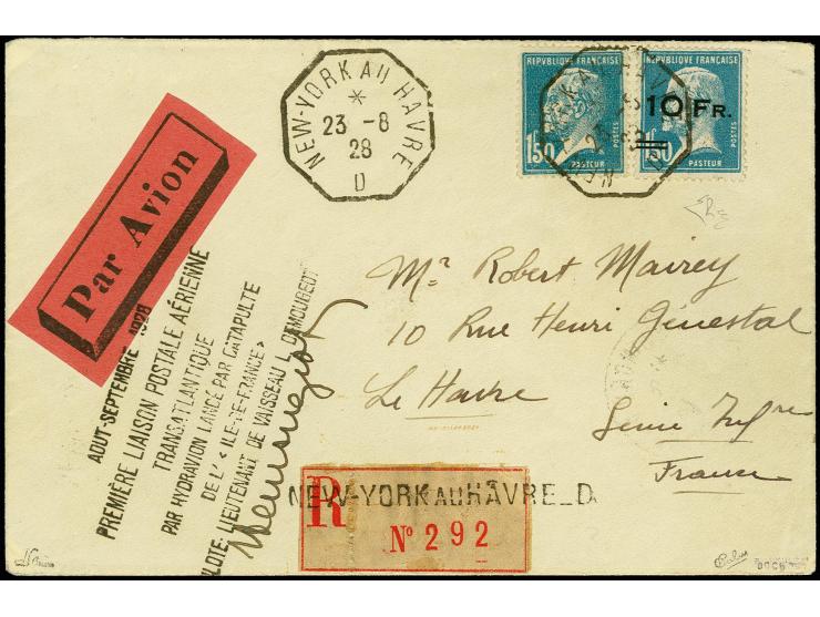 1928, Ile de France 10 fr. on 1.50 fr. blue with additional franking 1,50 fr. blue, tied by octagonel "New York au Havre 23.8