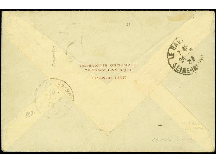 1928, Ile de France 10 fr. on 1.50 fr. blue with additional franking 1,50 fr. blue, tied by octagonel "New York au Havre 23.8