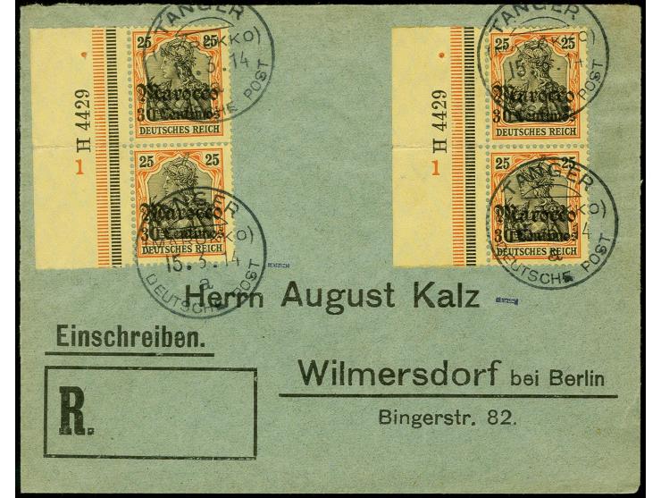 30 C. auf 25 Pfg., zwei senkrechte Randpaare je mit Ur-HAN "H 4429" auf überfrankiertem R-Brief von "TANGER (MAROKKO) DP a 15
