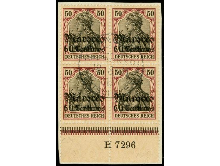 60 C. auf 50 Pfg. im Unterrand-Viererblock mit Aufdruck-HAN "H 7296" und Stempel "TANGER (MAROKKO) DP b 18.8.11" auf Briefstü