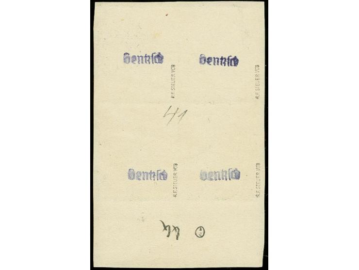 60 C. auf 50 Pfg. im Unterrand-Viererblock mit Aufdruck-HAN "H 7296" und Stempel "TANGER (MAROKKO) DP b 18.8.11" auf Briefstü