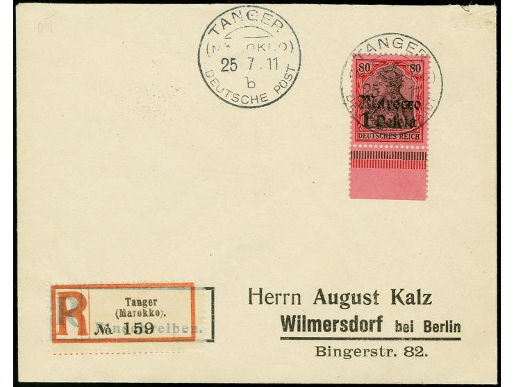 1 P. auf 80 Pfg., Unterrandstück mit Stempel "TANGER (MAROKKO) DP b 25.7.11" auf überfrankiertem R-Brief nach Wilmersdorf bei