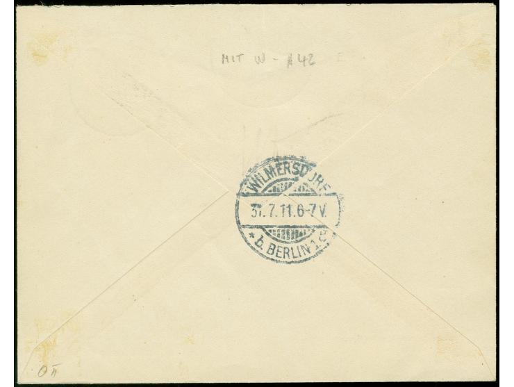 1 P. auf 80 Pfg., Unterrandstück mit Stempel "TANGER (MAROKKO) DP b 25.7.11" auf überfrankiertem R-Brief nach Wilmersdorf bei