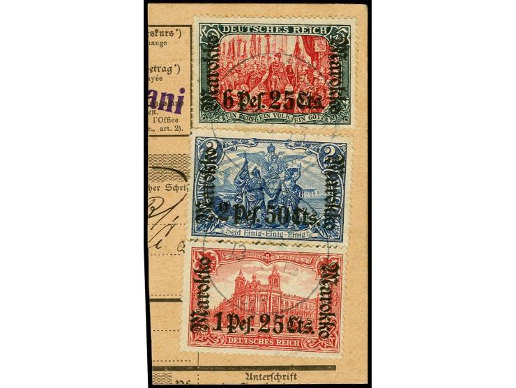 6 Pes. 25 C. auf 5 M., 2 Pes. 50 C. auf 2 M. und 1 Pes. 25 C. auf 1 M. auf Postanweisungs-Briefstück mit schwachen Stempel-Ab
