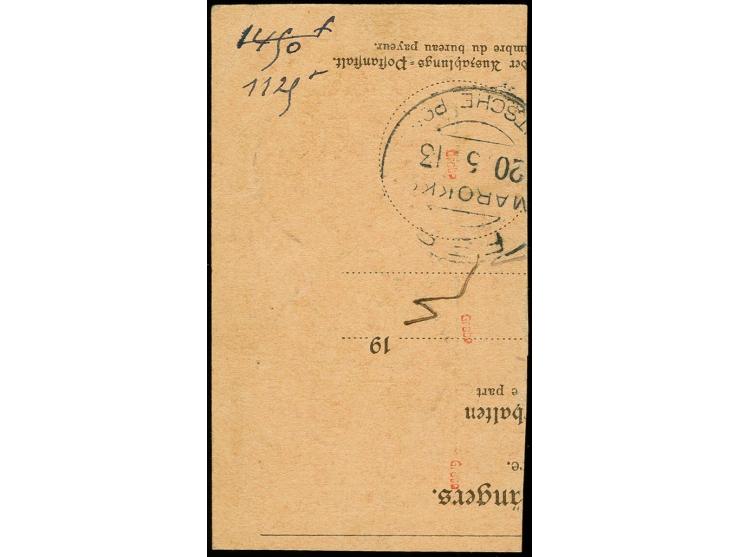 6 Pes. 25 C. auf 5 M., 2 Pes. 50 C. auf 2 M. und 1 Pes. 25 C. auf 1 M. auf Postanweisungs-Briefstück mit schwachen Stempel-Ab