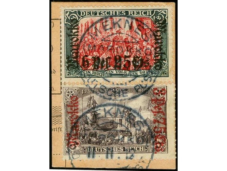 6 Pes. 25 C. auf M. und 3 Pes. 75C. auf 3 M. je mit Stempel "MEKNES DP 11.11.12" auf Postanweisungs-Briefstück, Pracht, sign.